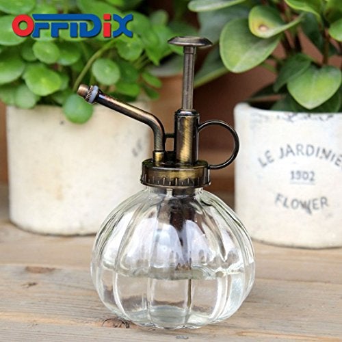 OFFIDIX Transparent Glass Watering Spray Bottle, 6.3 Inches Tall Vintage Style with Bronze Plastic Top Pump One Hand Plant Mister Glass Watering Can Indoor - Image 5