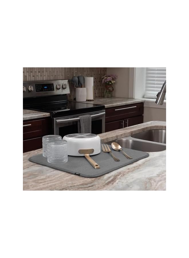 حافظة تجفيف الصحون، مصنوعة من ميكروفايبر عالي الامتصاص، مناسبة للمطبخ، سجادة تجفيف للأطباق والأدوات والمقالي، كبيرة الحجم 16" × 18"، رمادي. - Image 3