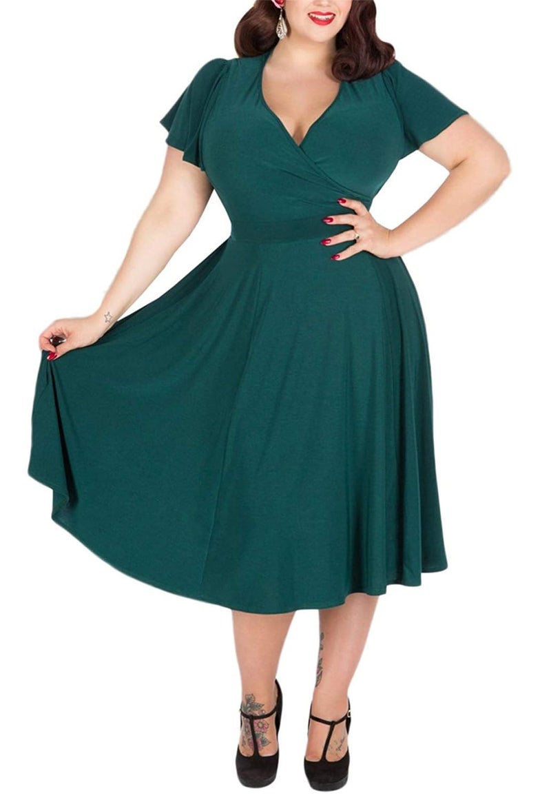 Nemidor Plus Size Dresses for Curvy Women Casual Summer V Neck Short Sleeve Midi Cocktail Vintage Dress with Pocket(073,24,Green) - Image 1