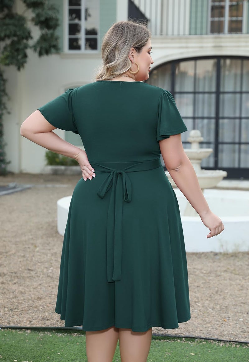 Nemidor Plus Size Dresses for Curvy Women Casual Summer V Neck Short Sleeve Midi Cocktail Vintage Dress with Pocket(073,24,Green) - Image 2