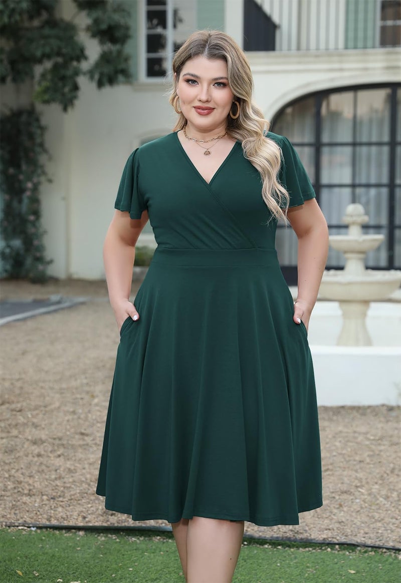 Nemidor Plus Size Dresses for Curvy Women Casual Summer V Neck Short Sleeve Midi Cocktail Vintage Dress with Pocket(073,24,Green) - Image 3