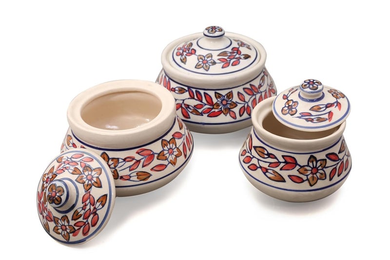 Kala Kriti KALAKRITI Hand Painted Floral 800 + 950 ML Handi with Lid For Versatile Storage and Serving Container - Perfect for Biryani, Curry, Soup - Decorative and Functional (Pack Of 2, Red) - Image 4