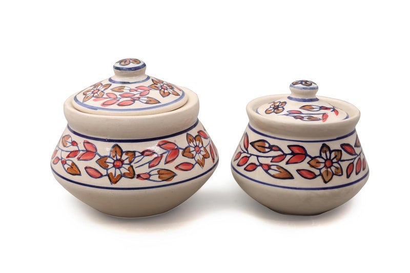 Kala Kriti KALAKRITI Hand Painted Floral 800 + 950 ML Handi with Lid For Versatile Storage and Serving Container - Perfect for Biryani, Curry, Soup - Decorative and Functional (Pack Of 2, Red) - Image 1