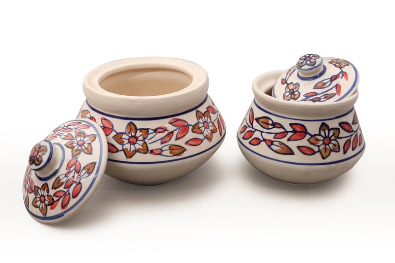 Kala Kriti KALAKRITI Hand Painted Floral 800 + 950 ML Handi with Lid For Versatile Storage and Serving Container - Perfect for Biryani, Curry, Soup - Decorative and Functional (Pack Of 2, Red) - Image 3
