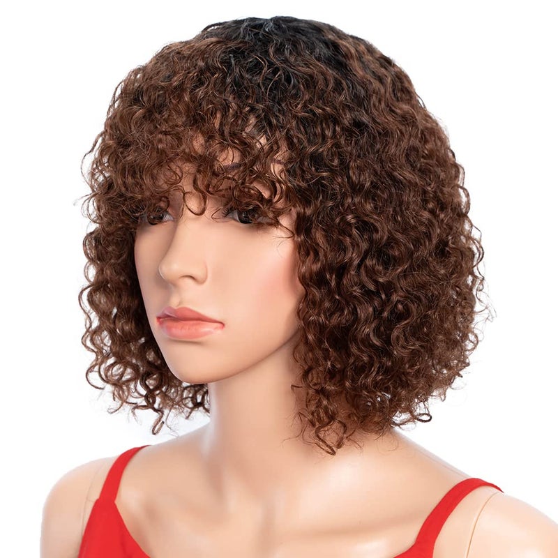 Spotlight Short Kinky Curly Wigs 10 inch Bob Loose Wave Human Hair Wigs for Women Brazilian Virgin Human Hair Wigs with Bangs 180 Density Natural Looking Reddish Brown TT1B33 - Image 2