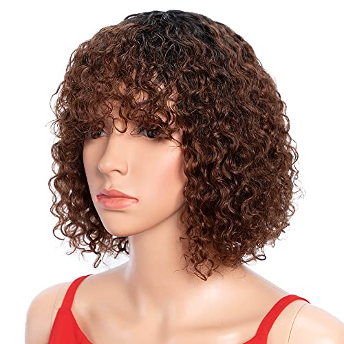Spotlight Short Kinky Curly Wigs 10 inch Bob Loose Wave Human Hair Wigs for Women Brazilian Virgin Human Hair Wigs with Bangs 180 Density Natural Looking Reddish Brown TT1B33 - Image 1