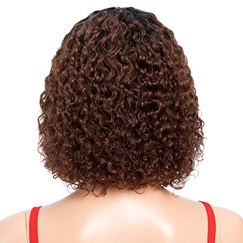 Spotlight Short Kinky Curly Wigs 10 inch Bob Loose Wave Human Hair Wigs for Women Brazilian Virgin Human Hair Wigs with Bangs 180 Density Natural Looking Reddish Brown TT1B33 - Image 3