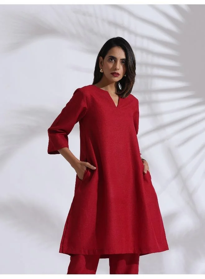 trueBrowns Maroon Slub Kurta Co-ord Set