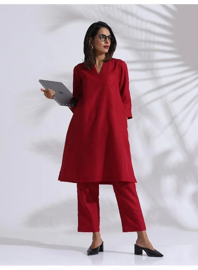 trueBrowns Maroon Slub Kurta Co-ord Set