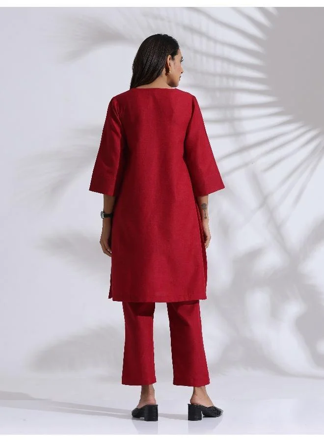 trueBrowns Maroon Slub Kurta Co-ord Set