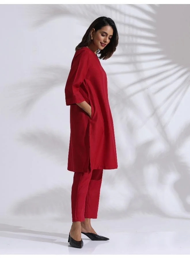 trueBrowns Maroon Slub Kurta Co-ord Set