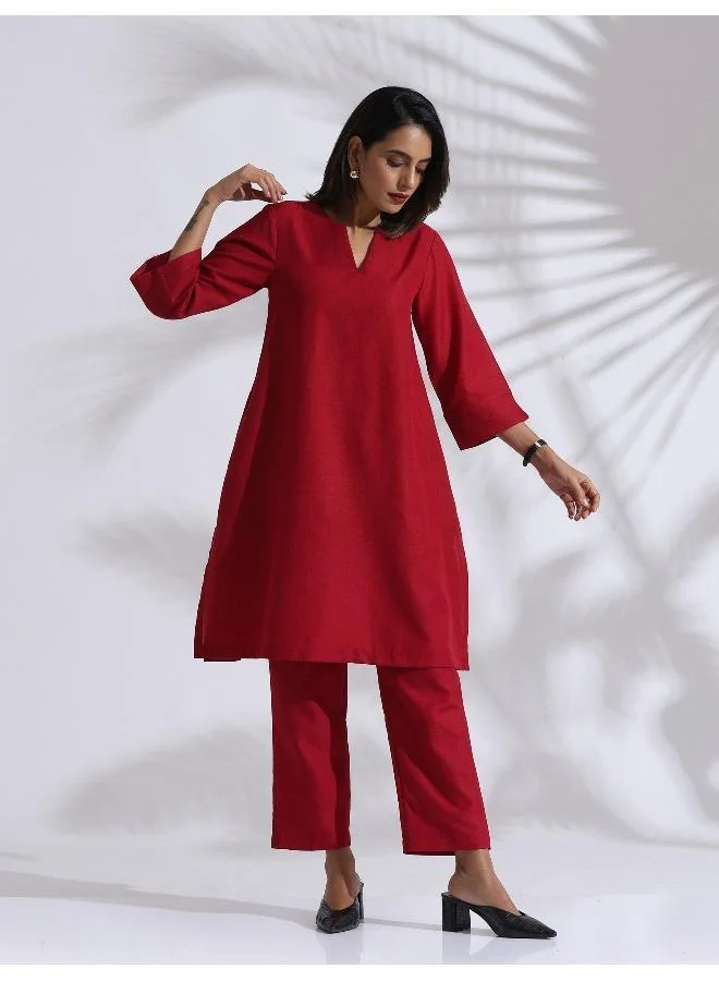 trueBrowns Maroon Slub Kurta Co-ord Set