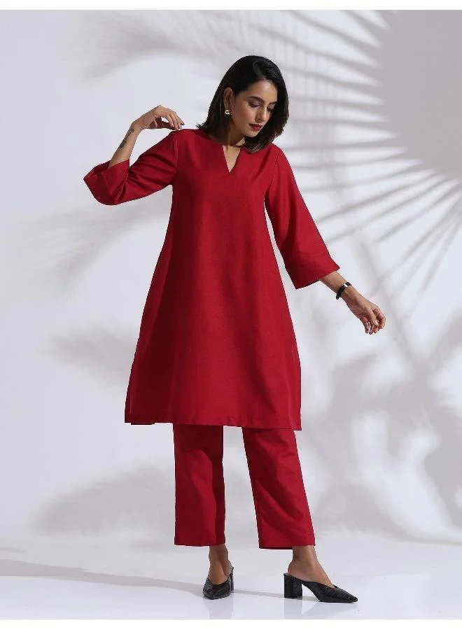 trueBrowns Maroon Slub Kurta Co-ord Set