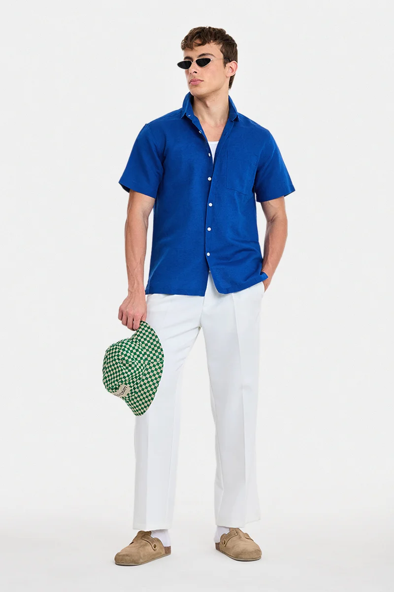 سنيتش Blue Solid Half Sleeve Regular Fit Shirt