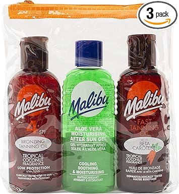 Malibu Sun Fast Tanning Travel Essentials SPF 4 Bronzing and Beta Carotene Oil Soothing Aloe Vera After Sun Gel Water Resistant Tropical Coconut Fragrance Multipack 3 x 100ml - Image 1