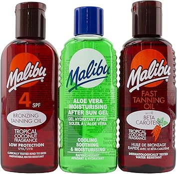Malibu Sun Fast Tanning Travel Essentials SPF 4 Bronzing and Beta Carotene Oil Soothing Aloe Vera After Sun Gel Water Resistant Tropical Coconut Fragrance Multipack 3 x 100ml - Image 2