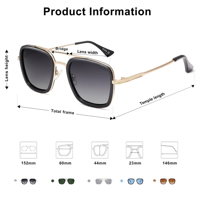 SOJOS Retro Square Polarized Sunglasses for Men Women Goggle Classic Alloy Frame HERO SJ1126 with Gold Frame/Black Rim/Gradient Grey Lens - Image 3