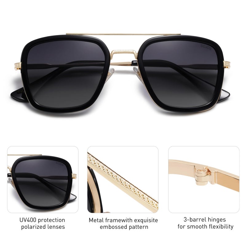 SOJOS Retro Square Polarized Sunglasses for Men Women Goggle Classic Alloy Frame HERO SJ1126 with Gold Frame/Black Rim/Gradient Grey Lens - Image 4