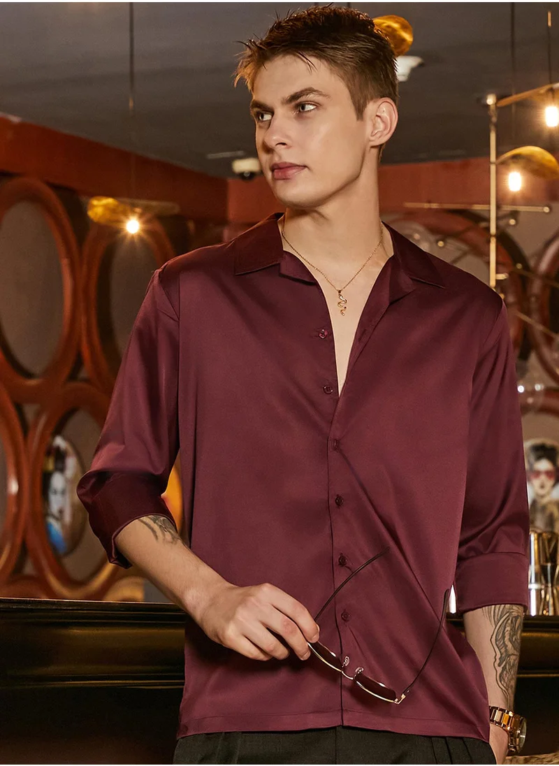 كامبوس سوترا Men's Burgundy Red Solid Cuban Shirt