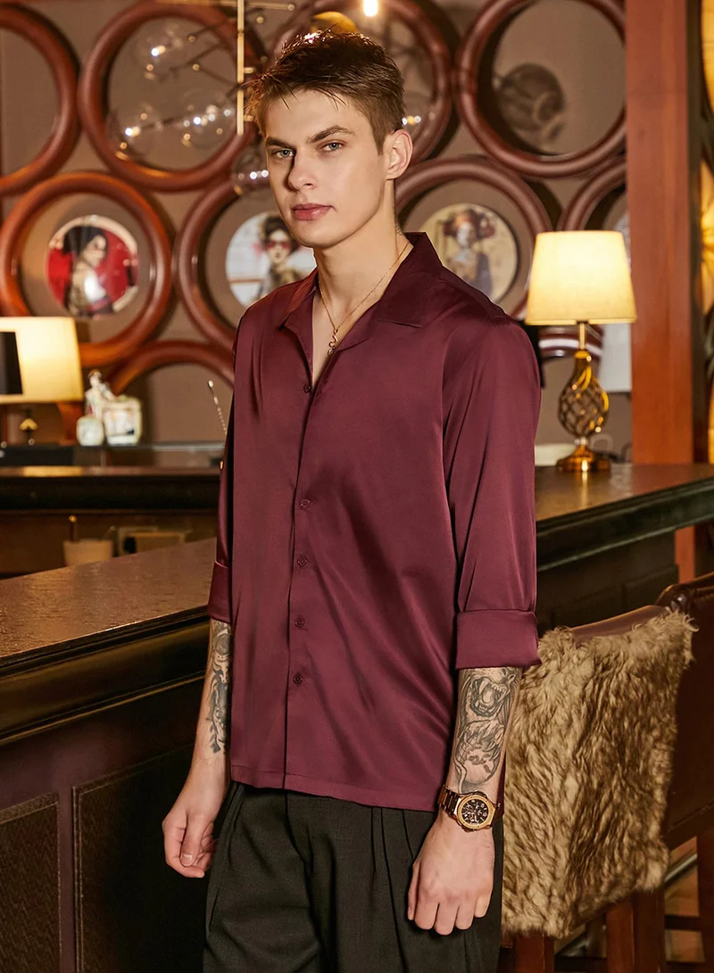 Campus Sutra Men's Burgundy Red Solid Cuban Shirt