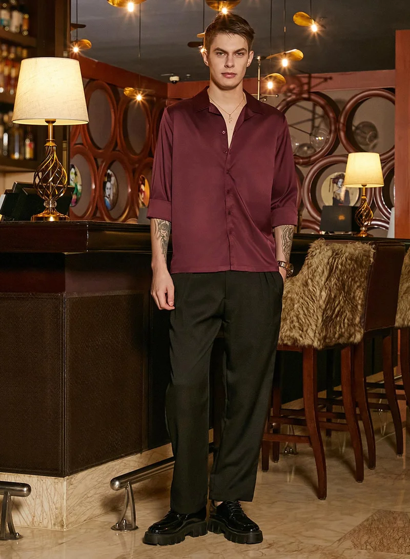 Campus Sutra Men's Burgundy Red Solid Cuban Shirt