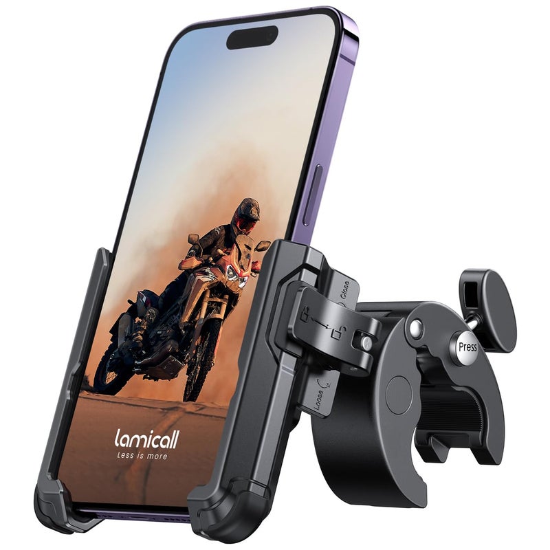 Lamicall Motorcycle Phone Mount Holder - [Camera Friendly] [1s Lock] Bike Phone Holder Handlebar Clamp, Bicycle Scooter Phone Clip, for iPhone 16 Pro Max, 15 14 13 Mini, 2.4~3.54" Wide Phones, Black - Image 1