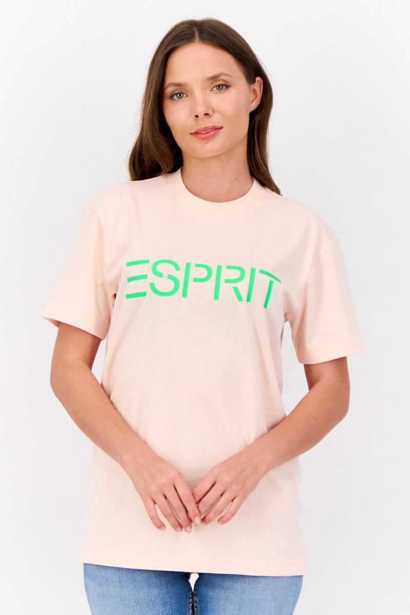 ESPRIT Women Crew Neck Short Sleeves Brand Logo T-Shirt, Peach - Image 1