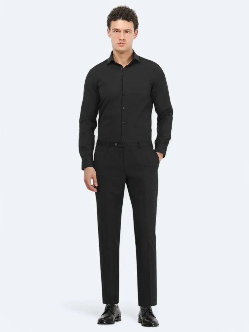 Kip Black Plain Regular Fit Weaving Classical Cotton Blended Shirt