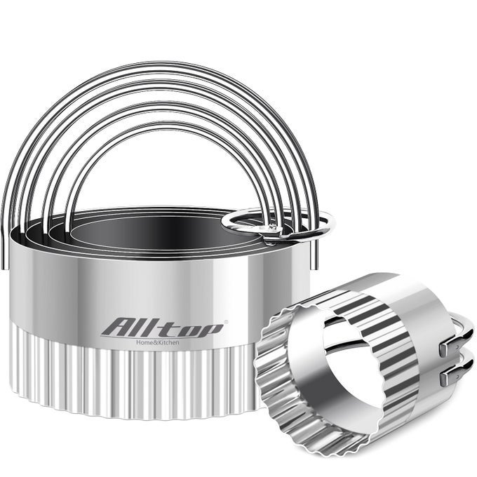 ALLTOP 5 PIECE ROUND BISCUIT CUTTERS WITH HANDLE STAINLESS STEEL CIRCLE COOKIE CUTTER WITH FLUTED EDGE PROFESSIONAL BAKING ESSENTIAL TOOL FOR PASTRYSCONEDONUT