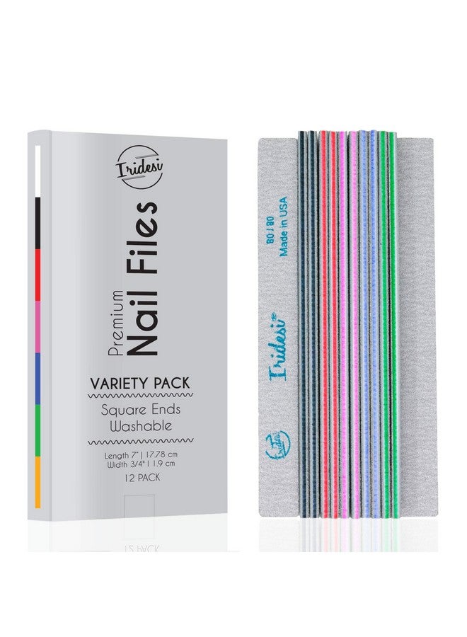 Iridesi Nail File Washable 12 Pack Color Coded Emery Boards Variety Pack Nail Filer Gray Zebra Serrated Edge Square End Fingernail Files (Assorted) - Image 1