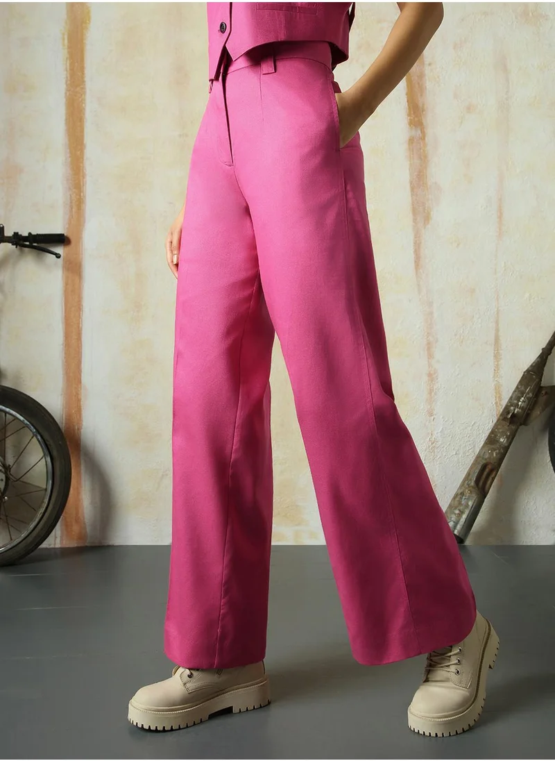 HIGH STAR Women's Magenta Cotton Blend Solid Full Length Chinos Wide Leg Trouser