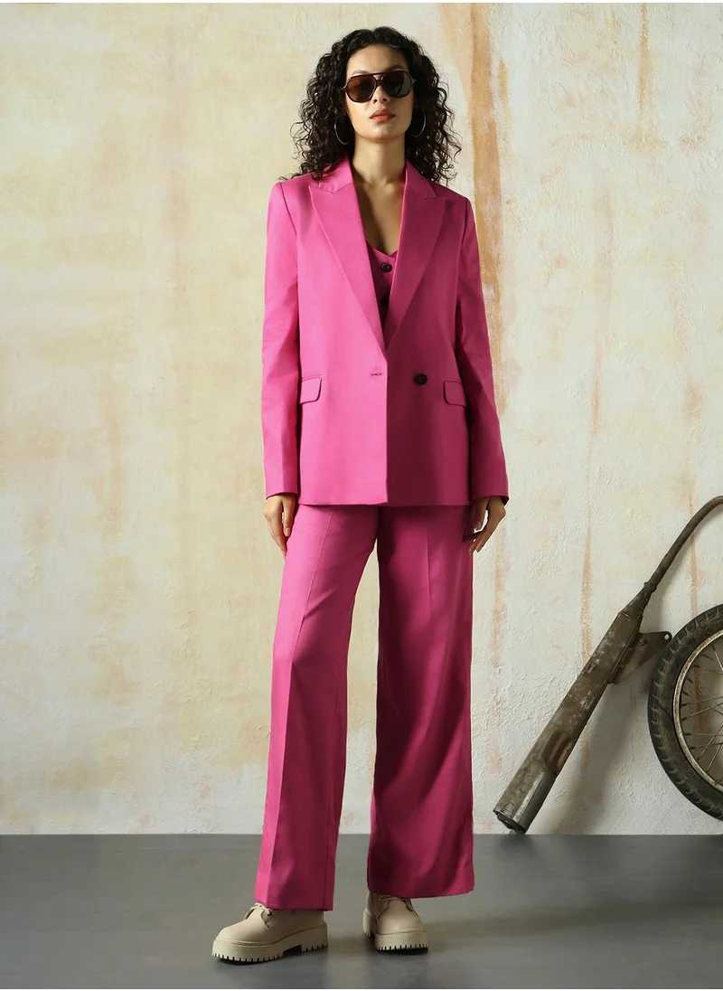 HIGH STAR Women's Magenta Cotton Blend Solid Full Length Chinos Wide Leg Trouser