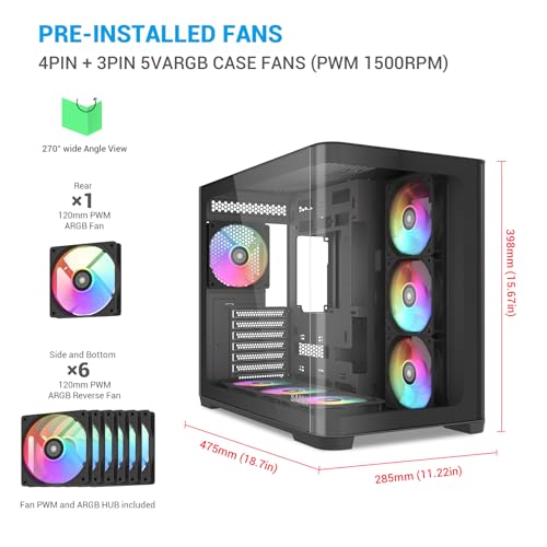 SAMA V60 Mid Tower PC Case Curved Tempered Glass Panel 7120mm ARGB PWM Fans with Fan Hub USB TypeC High Airflow ATX PC Case for Case PC Gaming BackConnect Ready 360mm AIO Support Black - Image 3