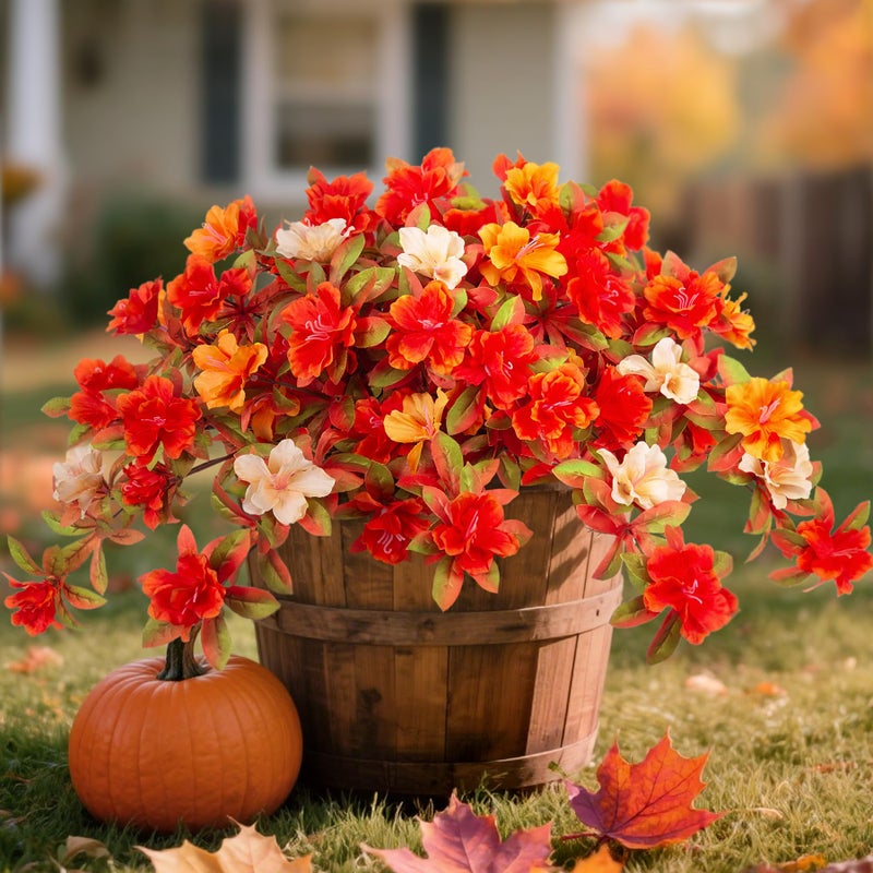 Ammyoo Fall Flowers Artificial for Decoration, Fake Silk Rhododendron Flowers for Outdoors, 2 Bundles Faux Azalea Outside UV Resistant No Fade Floral for Home Garden Balcony Walkway Wedding Party Decor - Image 1