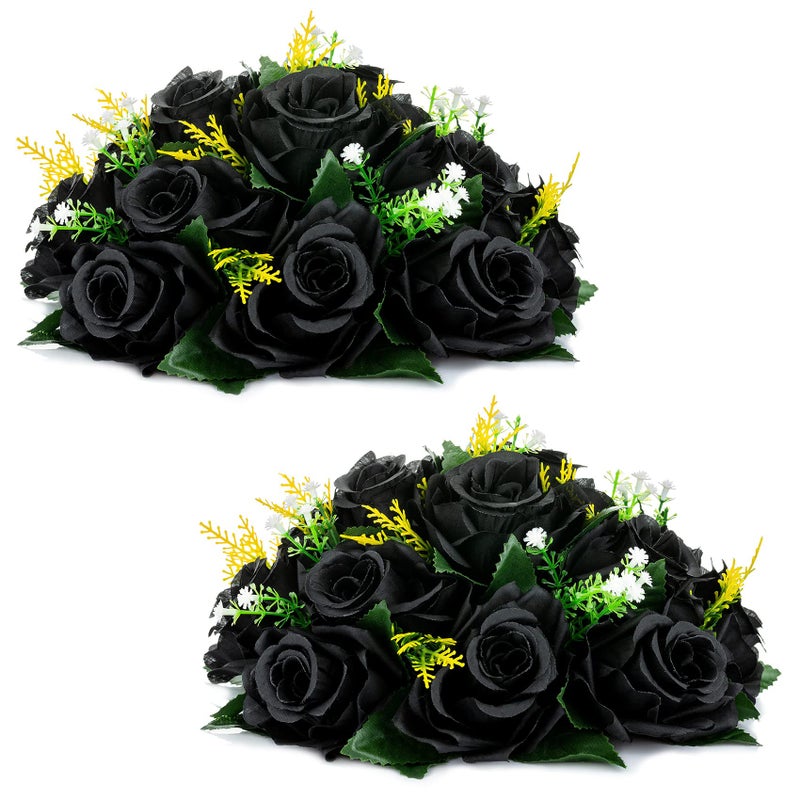 NUPTIO Black Roses Artificial Flowers Pcs of 2 Fake Flower Bouquet Black Hydrangea Flowers Artificial  15 Heads Fake Roses with Base  Real Looking Black Artificial Flowers (Black) - Image 1