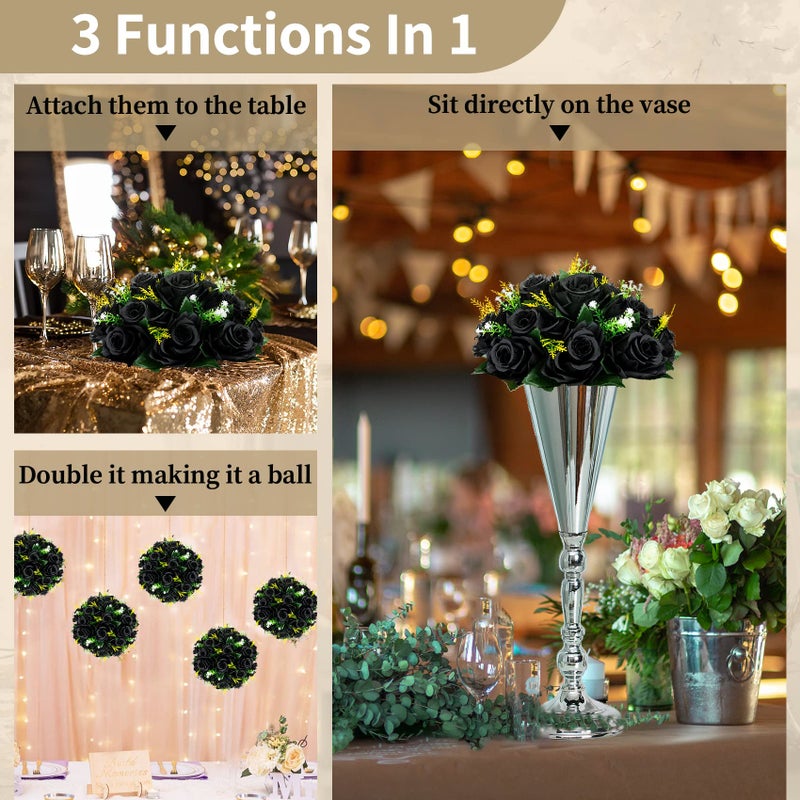 NUPTIO Black Roses Artificial Flowers Pcs of 2 Fake Flower Bouquet Black Hydrangea Flowers Artificial  15 Heads Fake Roses with Base  Real Looking Black Artificial Flowers (Black) - Image 5