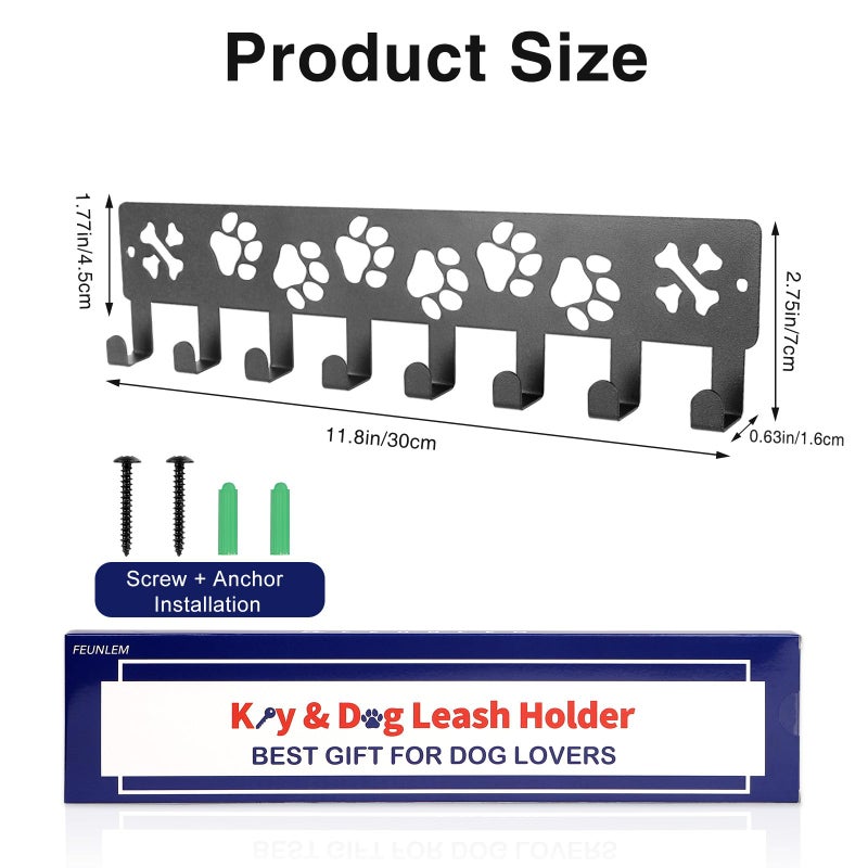 FEUNLEM Key Holder Wall Mount & Dog Leash Holder for Wall, Metal Key Rack with 8 Hooks for Entryway/Hallway/Kitchen Decor, Dog Paws Design Wall Organizer 11.8Ã—2.6 Inch with Screw Anchors (Black-Paws) - Image 3