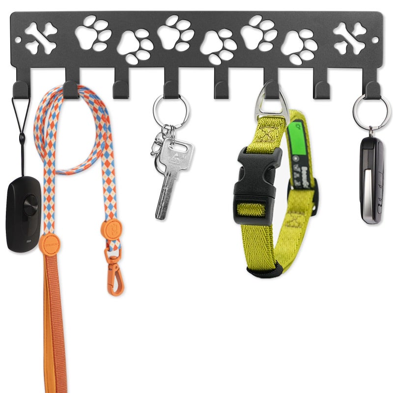 FEUNLEM Key Holder Wall Mount & Dog Leash Holder for Wall, Metal Key Rack with 8 Hooks for Entryway/Hallway/Kitchen Decor, Dog Paws Design Wall Organizer 11.8Ã—2.6 Inch with Screw Anchors (Black-Paws) - Image 1