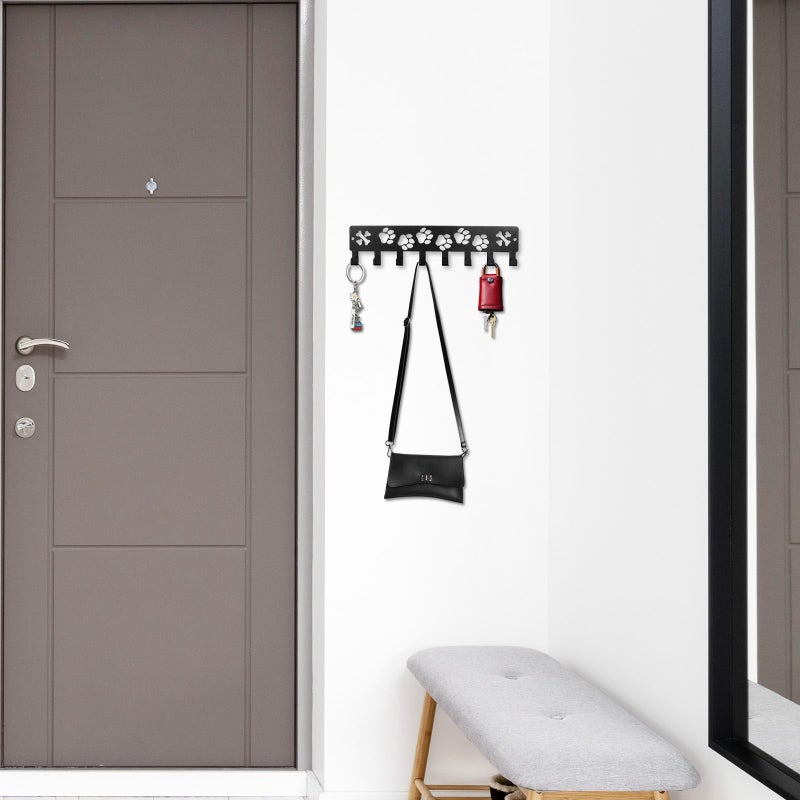 FEUNLEM Key Holder Wall Mount & Dog Leash Holder for Wall, Metal Key Rack with 8 Hooks for Entryway/Hallway/Kitchen Decor, Dog Paws Design Wall Organizer 11.8Ã—2.6 Inch with Screw Anchors (Black-Paws) - Image 2