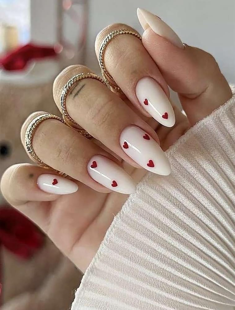 Suerte Press On Nails white with red hearts Almond Solid Color Gradient Glossy 24pcs Press On French Nails Medium Natural White Manicure, Fake acrylic nails with glue kit - Image 1