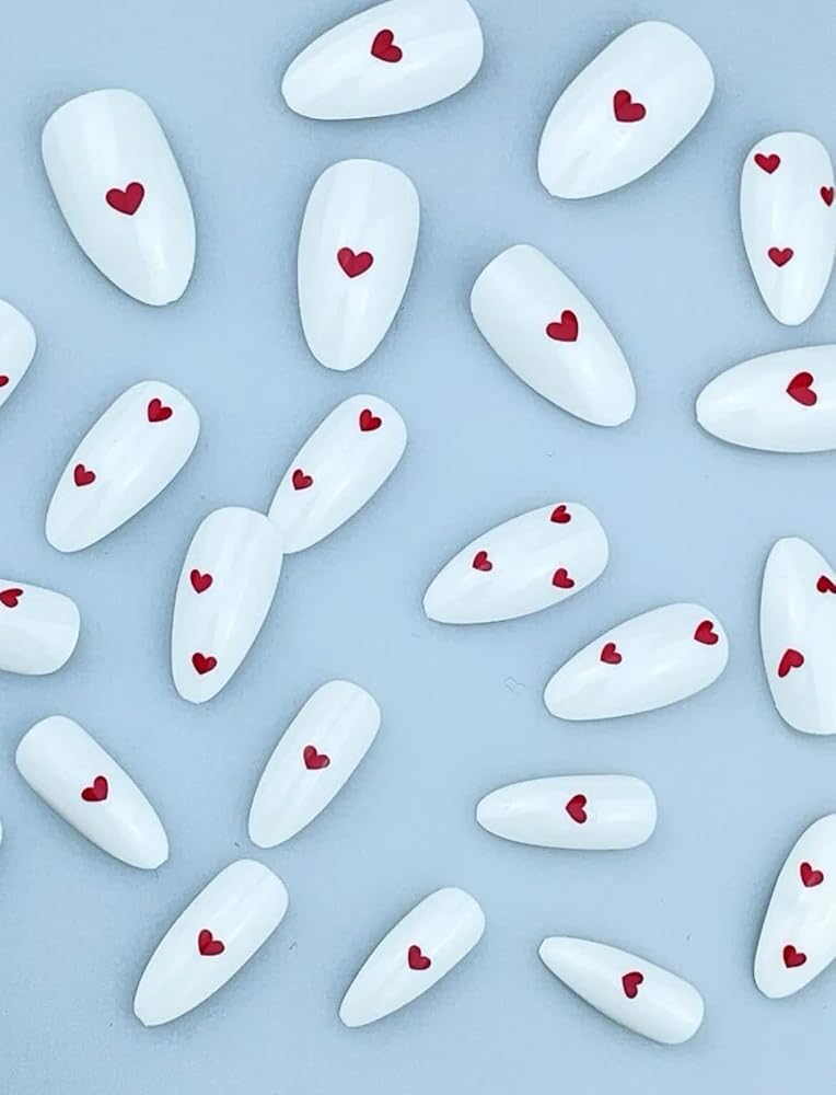 Suerte Press On Nails white with red hearts Almond Solid Color Gradient Glossy 24pcs Press On French Nails Medium Natural White Manicure, Fake acrylic nails with glue kit - Image 3