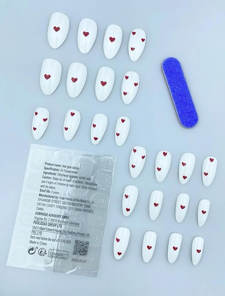 Suerte Press On Nails white with red hearts Almond Solid Color Gradient Glossy 24pcs Press On French Nails Medium Natural White Manicure, Fake acrylic nails with glue kit - Image 2