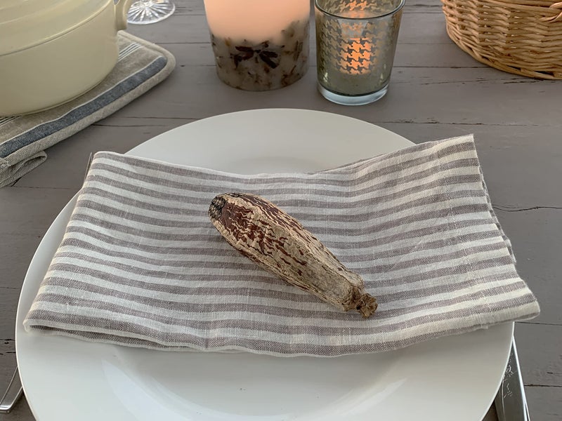 Eight Owls Linen Napkins - 100% French Flax - Stonewashed Pure Linen Cloth Napkins - Mitered Corners - Set of 4 (Gray/White Stripe) - Image 3