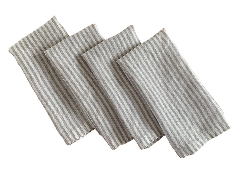 Eight Owls Linen Napkins - 100% French Flax - Stonewashed Pure Linen Cloth Napkins - Mitered Corners - Set of 4 (Gray/White Stripe) - Image 1