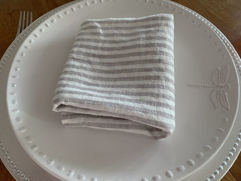Eight Owls Linen Napkins - 100% French Flax - Stonewashed Pure Linen Cloth Napkins - Mitered Corners - Set of 4 (Gray/White Stripe) - Image 4