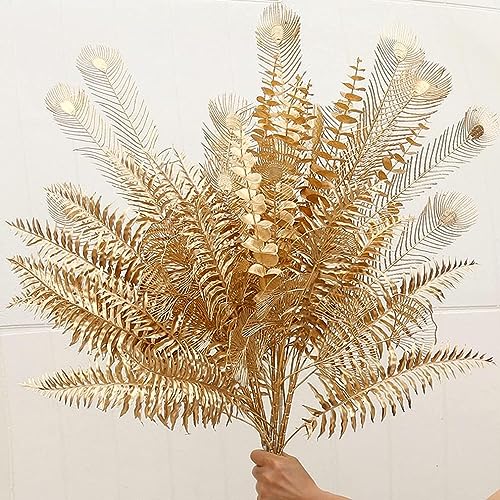 HOLLIO Artificial Flowers Artificial Flowers for Home Decor Golden Leaf Fake Flowers Sticks Bunch Decorative Items for Home Decoration, Living Room Decoration Plants (Without Vase Pot) - Image 2