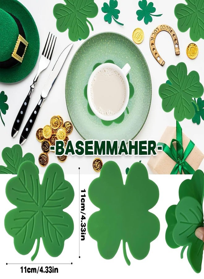 BASEMMAHER 4Pcs St. Patrick's Day Coaster Silicone Green Shamrock Drink Coasters Non-Slip Insulation Lucky Clover Tea Cup Mats Coffee Coasters for Mugs Cups Irish Party Home Office Table Decoration Supplies - Image 2