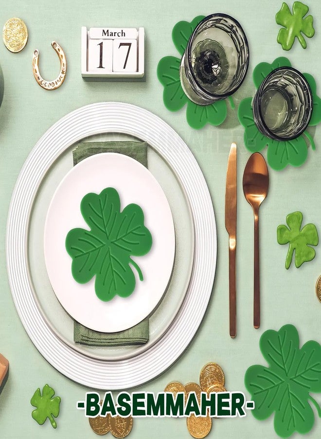 BASEMMAHER 4Pcs St. Patrick's Day Coaster Silicone Green Shamrock Drink Coasters Non-Slip Insulation Lucky Clover Tea Cup Mats Coffee Coasters for Mugs Cups Irish Party Home Office Table Decoration Supplies - Image 3