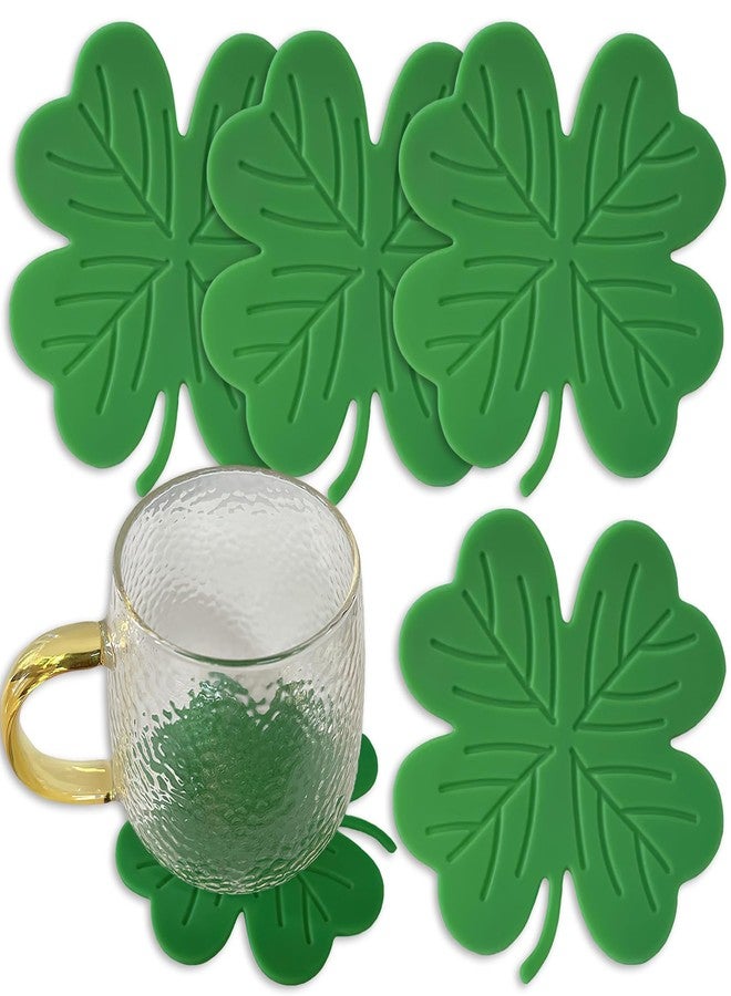 BASEMMAHER 4Pcs St. Patrick's Day Coaster Silicone Green Shamrock Drink Coasters Non-Slip Insulation Lucky Clover Tea Cup Mats Coffee Coasters for Mugs Cups Irish Party Home Office Table Decoration Supplies - Image 1