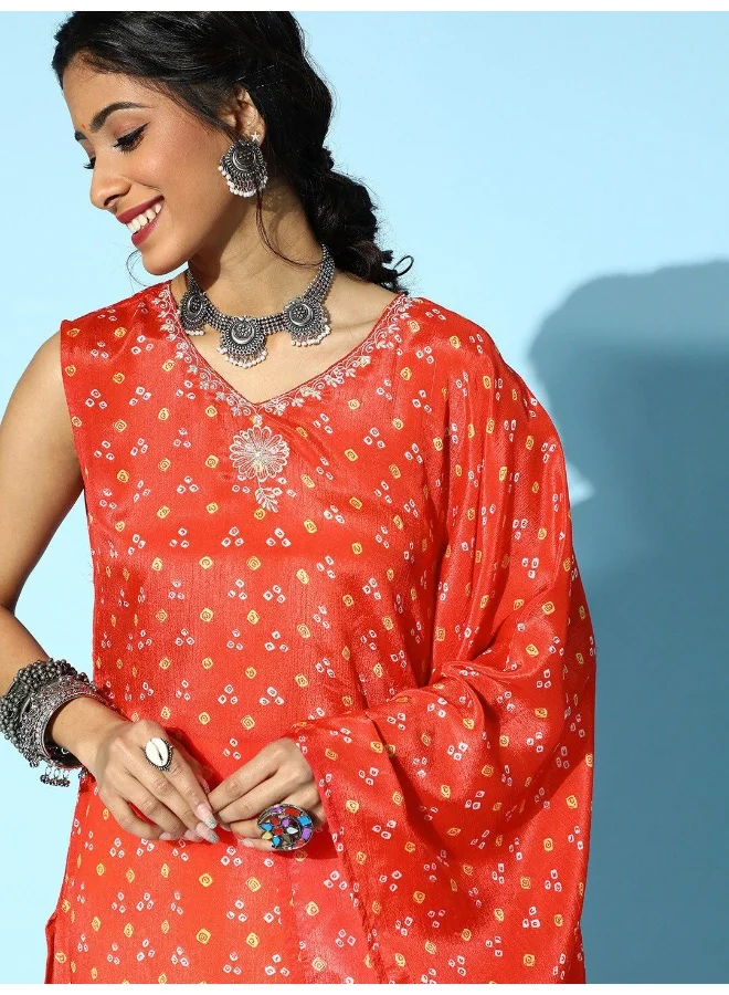 AKS Orange Printed Kurta with Embroidered Detail